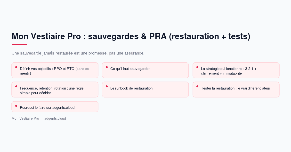 Mon Vestiaire Pro : sauvegardes & PRA (restauration + tests) — guide 2026