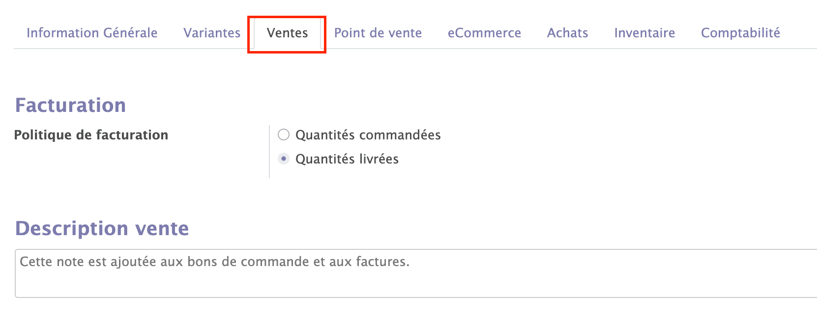 Ajout d'une description de vente