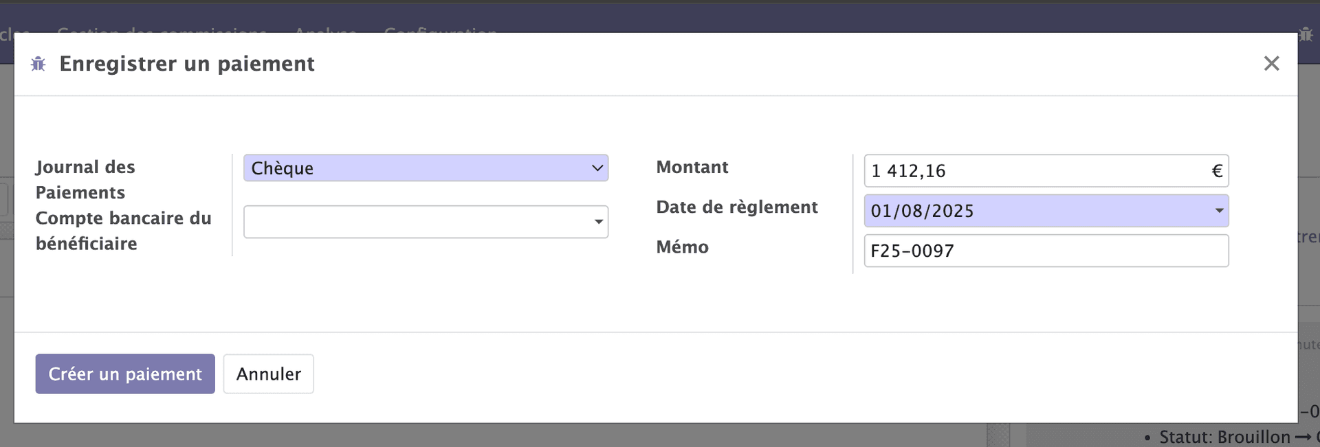 Formulaire d'enregistrement de paiement
