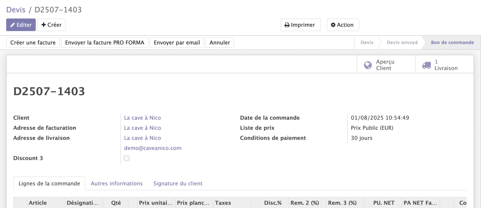Formulaire de création de livraison