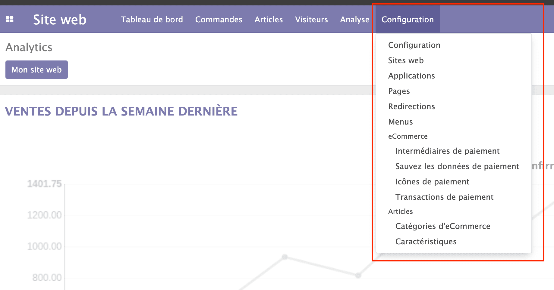 Menu des modules Négoce