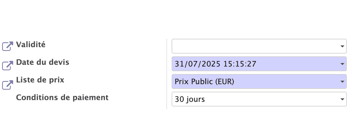 Formulaire de création de devis Négoce