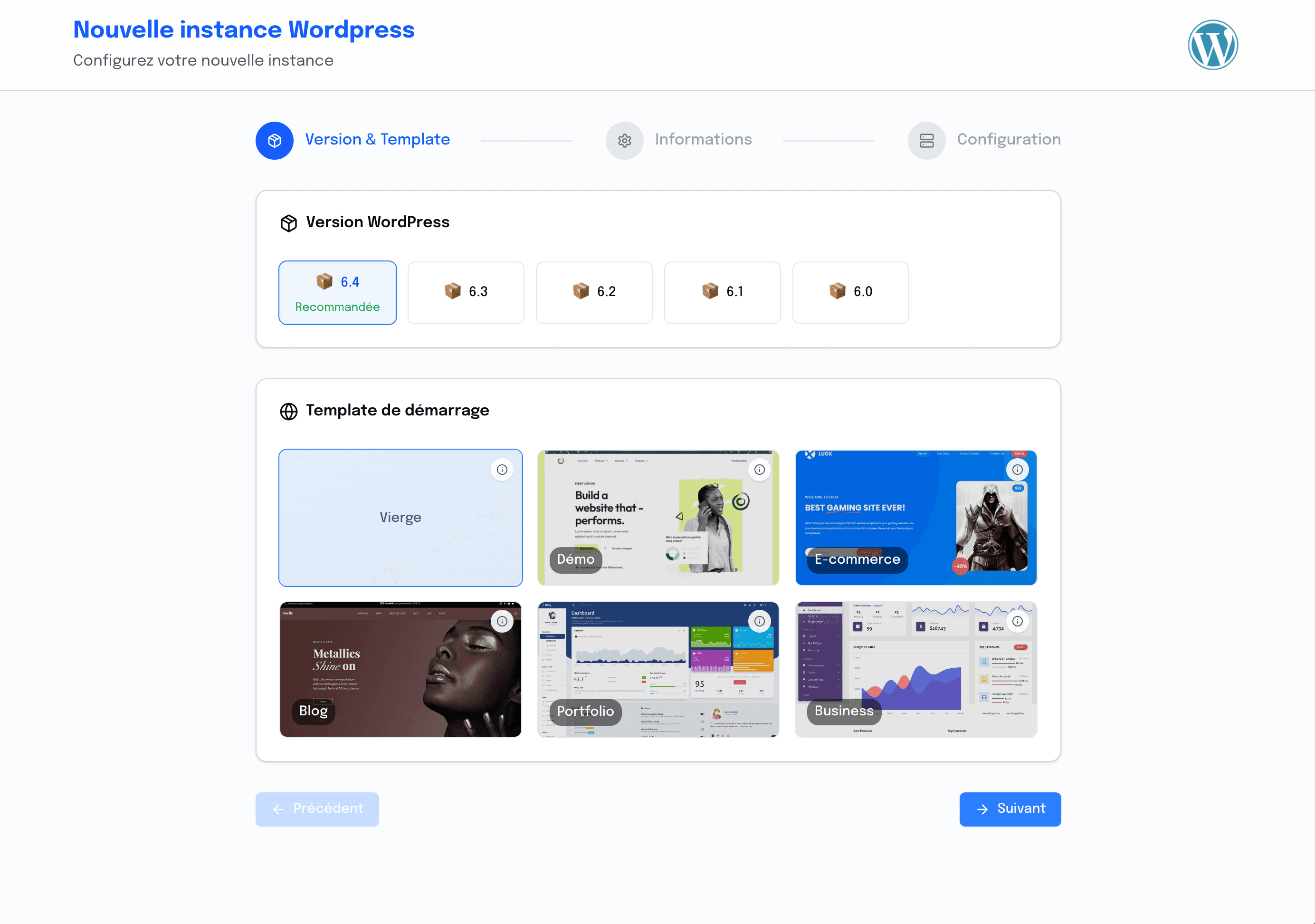 Création d'une instance WordPress : choix de la version et du template de démarrage