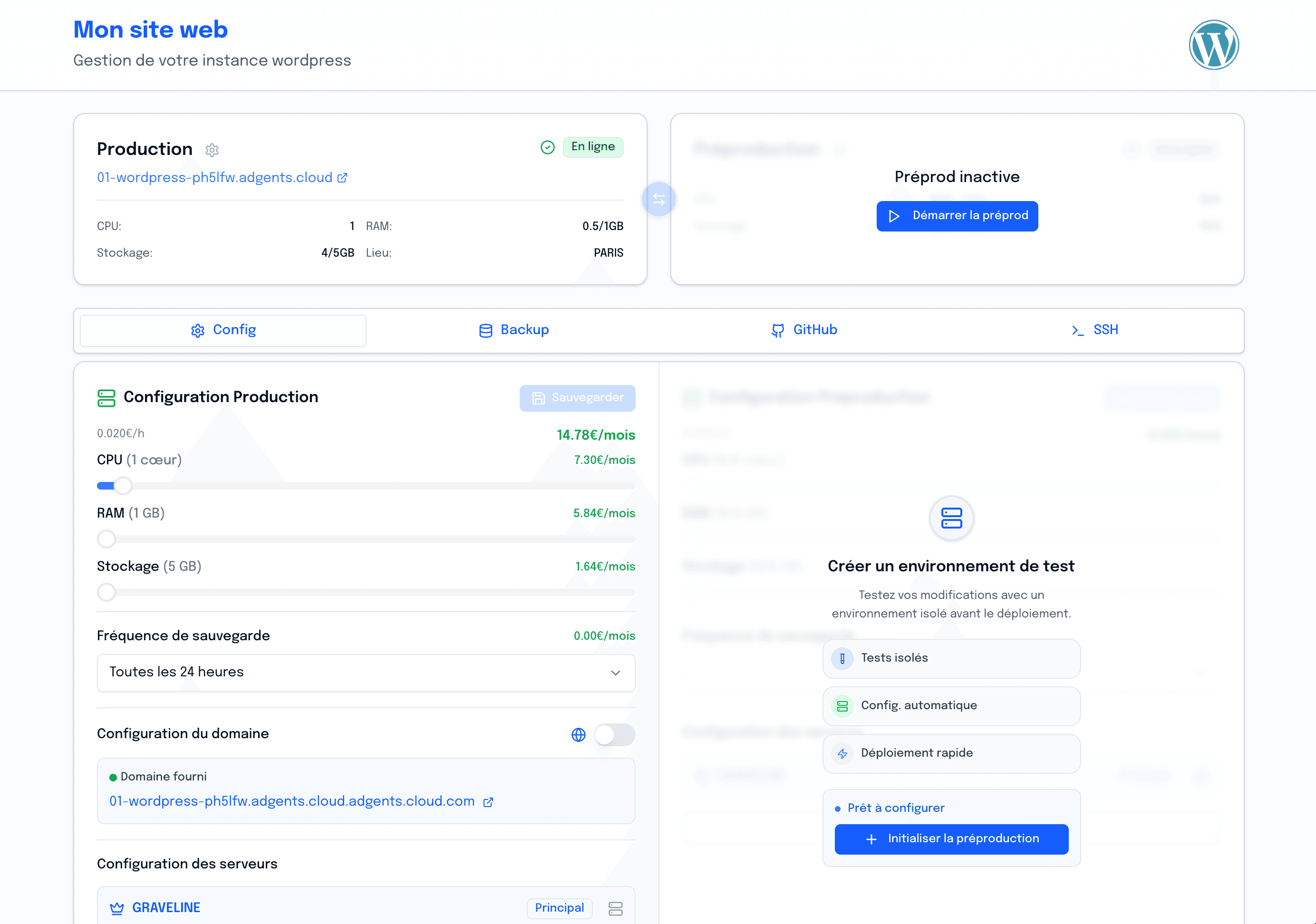Console Adgents Cloud : gestion d'une instance, production, préproduction et ressources