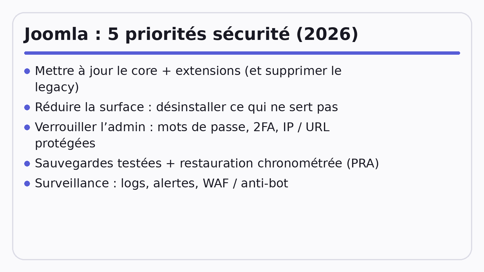Sécuriser Joomla : hardening, extensions, WAF et sauvegardes (guide 2026)