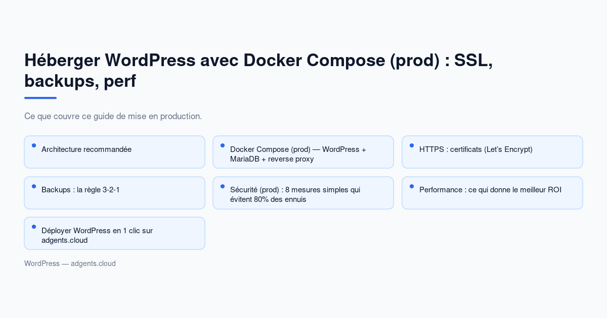 Héberger WordPress avec Docker Compose (prod) : SSL, backups, perf — guide 2026